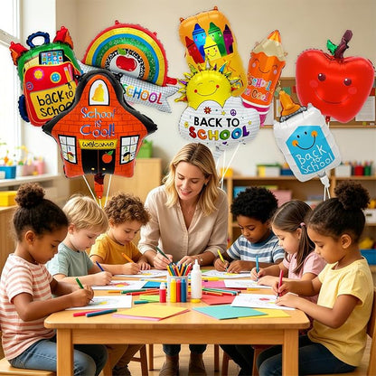 8PCS Back to School Balloons Set, Apple School Backpack Pencil Rainbow Crayon - Image 6