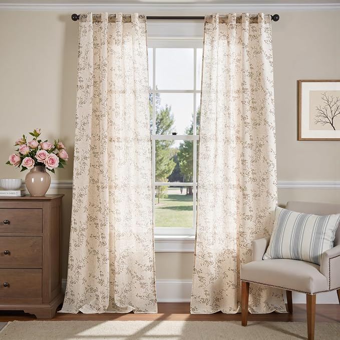 jinchan Taupe Floral Linen Curtains 96 Inch Farmhouse Back Tab 2 Panels | Taupe - Image 2