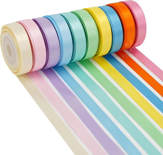 Pastel Rainbow Ribbon Assortment Satin Rainbow Colored Ribbon 3/8" X 50 Yards by MEEDEE