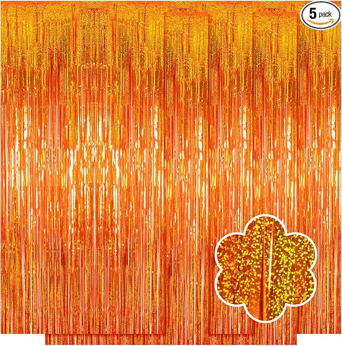 5 Pack Orange Foil Curtain Backdrop 3.2ft x 9.8ft Metallic Tinsel Foil Fringe by Ohiyoo