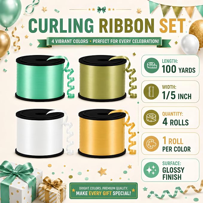 BEISHIDA 4 Pack 100 Yard Green Gold Curling Crimped Ribbon Balloon String - Image 2