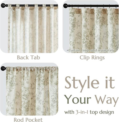 jinchan Green Floral Linen Curtains 63 Inch Vintage Back Tab 2 Panels | Light - Image 3