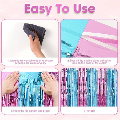 Voircoloria Blue Pink Foil Fringe Backdrop Curtains, 3 Pack | Tinsel Streamers - Image 4