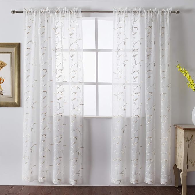 White Sheer Curtains Beige Embroidered Leaves 2 Panels 54Wx63L | Light - Image 2