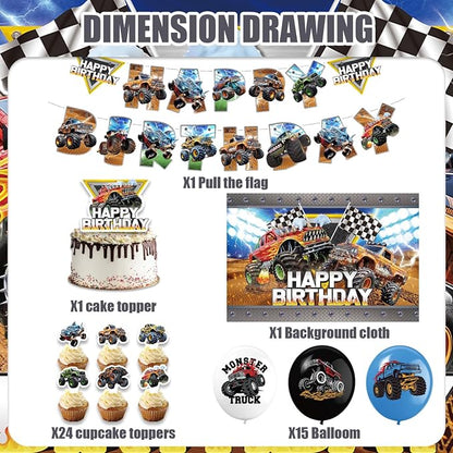 42Pack Monster truck Party decoration pack include Banner, Honeycomb - Image 2