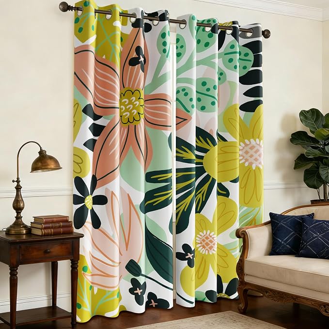 Tyrot Boho Floral 100% Blackout Curtains fo Bedroom 63 inch Long 2 Panels Mid - Image 2