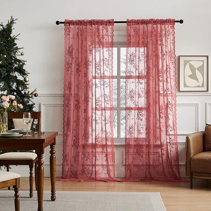 Coral Lace Curtains 54 Inch Length 2 Panels - Image 2