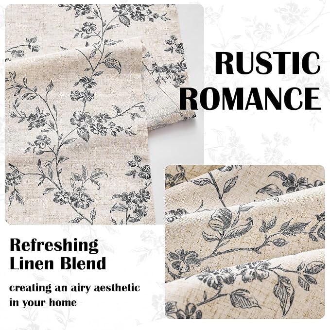 Black Vintage Floral Linen Curtains Farmhouse 38W X 63L 2 Panels | Elisa Series - Image 3