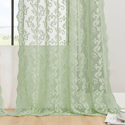 FOLKSIDE Sage Green Lace Curtains 96 Inches Long 2 Panels Country Vintage Sheer - Image 6
