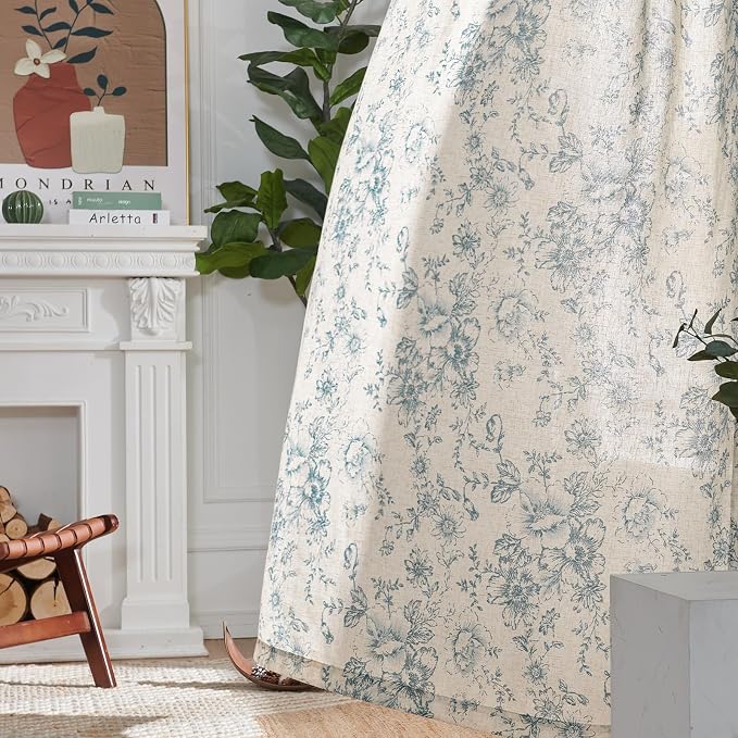 jinchan Blue Floral Linen Curtains 96 Inch Farmhouse Back Tab 2 Panels | Light - Image 6