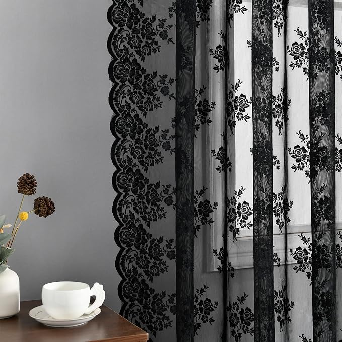 Kotile Black Lace Curtains for Bedroom Vintage Floral W42xL54 Inch 2 Panels | - Image 5