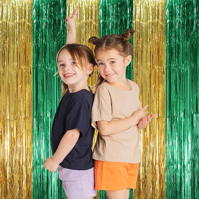 Voircoloria Green Gold Foil Fringe Backdrop Curtains, 3 Pack | Tinsel Streamers - Image 7