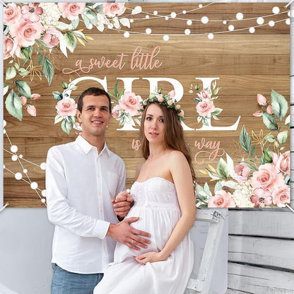 7x5 ft Rustic Wood Baby Shower Backdrop A Sweet Little Girl is on Her Way Baby - Image 2
