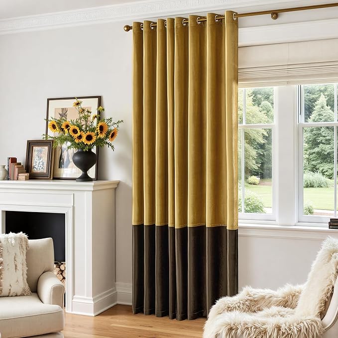Brown Gold Velvet Blackout Curtains Luxury Decor 102 inches, Color Block | - Image 6