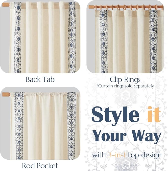 jinchan Floral Linen Curtains Embroidered Back Tab 50x72in 2 Panels Blue | - Image 7