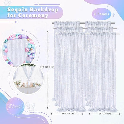 Laser Silver Sequin Curtains Backdrop 6 Pcs 2FTx8FT Shiny Shimmer Fabric | - Image 2