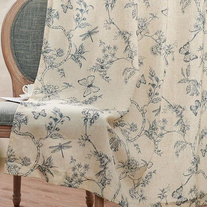 Blue Floral Linen Curtains Farmhouse Rod Pocket 50W X 90L 2 Panels | Charlotte - Image 9