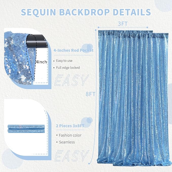 Birthday Backdrop Curtain Baby Blue Shimmer Sequin Backdrop Drapes 6x8FT | - Image 3