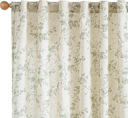 Green Vintage Floral Linen Curtains Farmhouse 50W X 90L 2 Panels | Elisa Series by Lazzzy