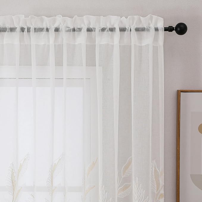 White Sheer Curtains Beige Embroidered Leaf 2 Panels 54 Inches | Light - Image 3