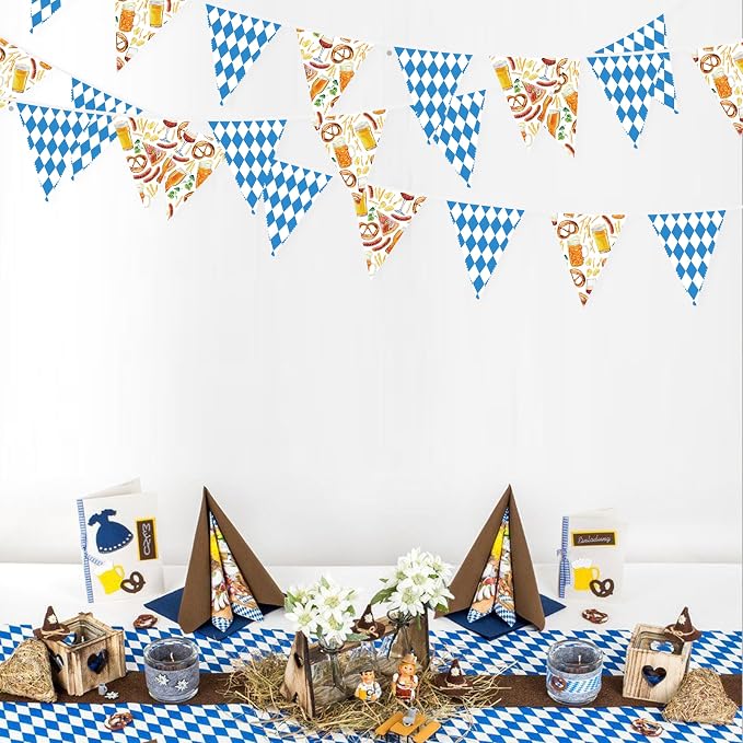 32Ft Oktoberfest Party Decorations Blue Plaid Triangle Flag Fabric Banner - Image 4