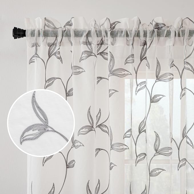 Sheer Curtains Boho Leaf Floral Embroidered Grey 54Wx63L | Light Filtering Semi - Image 3