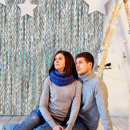 2 Pack Silver Backdrop Curtain Tinsel Streamers Sparkle Metallic Wavy Foil - Image 6