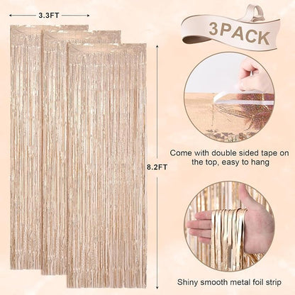 Voircoloria Laser Champagne Foil Backdrop Curtains, 3 Pack | Tinsel Streamers - Image 4