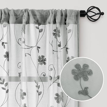 HOMEIDEAS Grey Sheer Curtains 63 Inches Long 2 Panels Embroidered Floral - Image 4