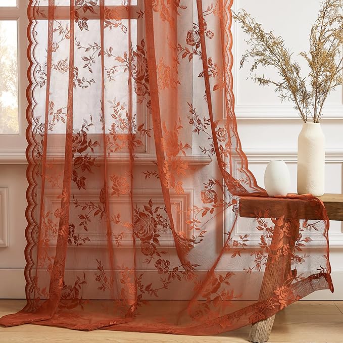 Burnt Orange Lace Curtains Country Rustic Floral Curtain by SEEKRIGHTHomeDecor