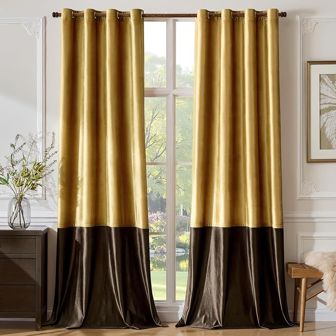 Brown Gold Velvet Blackout Curtains Luxury Decor 90 inches, Color Block | by ModernShinyVelvetCurtains