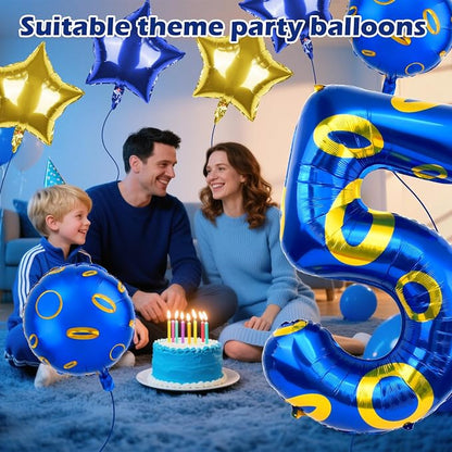 40 Inch Blue and Golden Ring Themed Number Balloon, Number Block Foil Number 5 - Image 3