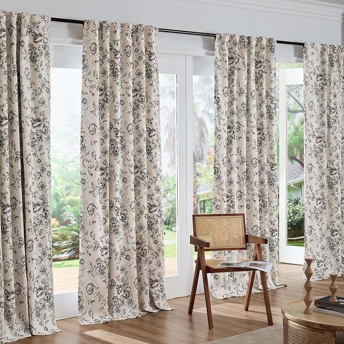 jinchan Black Floral Linen Blackout Curtains 63 Inch Back Tab 2 Panels | - Image 7