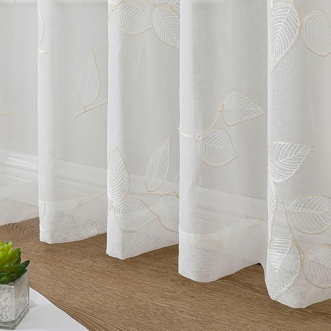Beige Sheer Curtains Leaf Embroidered 63 Inches Long 2 Panels | Light Filtering - Image 4