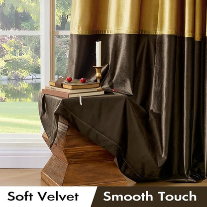 Brown Gold Velvet Blackout Curtains Luxury Decor 120 inches, Color Block | - Image 3