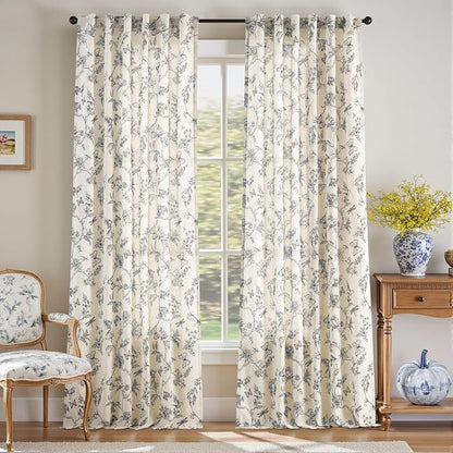 Blue Floral Linen Curtains Farmhouse Rod Pocket 50W X 96L 2 Panels | Charlotte - Image 2