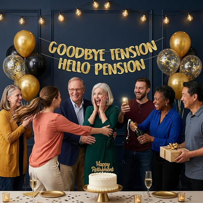 Pre-Strung Goodbye Tension Hello Pension Gold Glitter Banner - Image 6