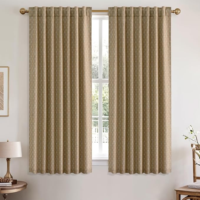MIULEE Patterned Farmhouse Linen Curtains, Back Tab, Khaki | Linen Curtains - Image 2