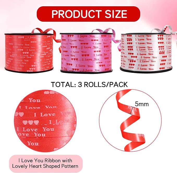 BEISHIDA Valentine Ribbon, Balloon String Printed I Love You 3 Rolls 100 Yards - Image 3