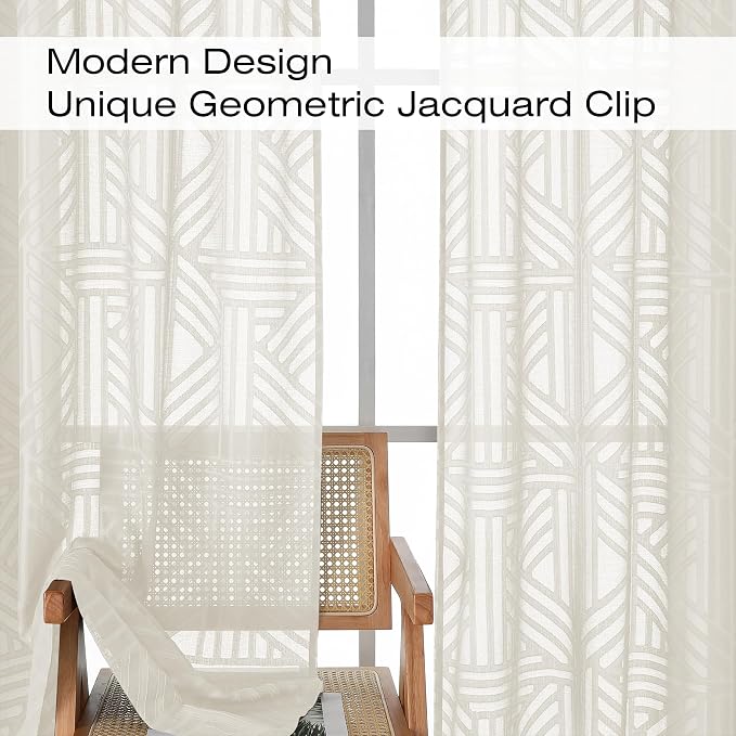 Simplebrand Ivory Semi Sheer Curtains 45 Inch Length 2 Panels, Geometric - Image 3