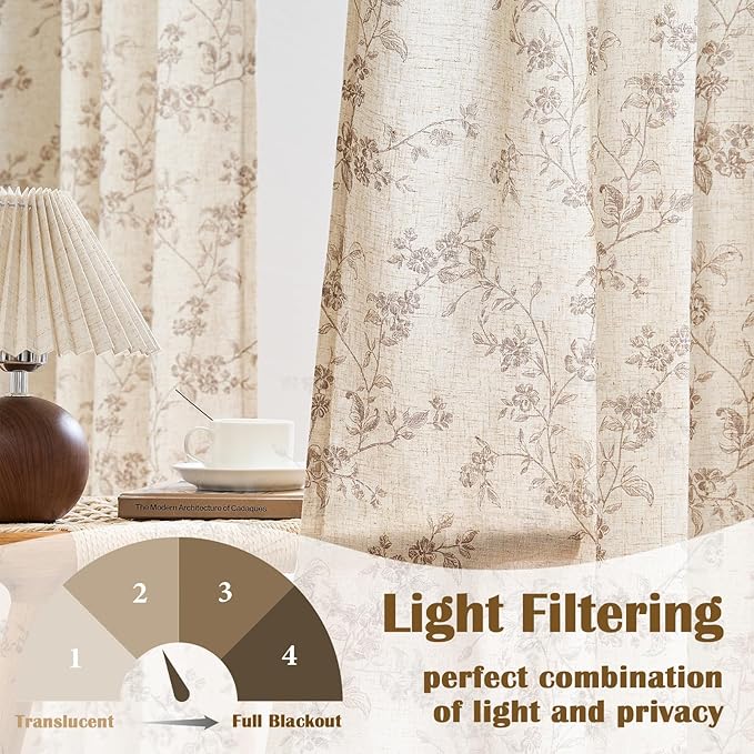 Taupe Vintage Floral Linen Curtains Farmhouse 38W X 96L 2 Panels | Elisa Series - Image 3