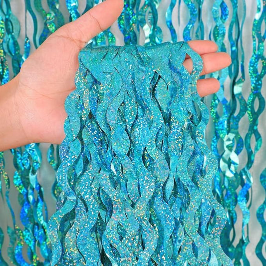 4 Pack Teal Aqua Blue Wavy Foil Fringe Curtains Party Decorations by CYLMFC