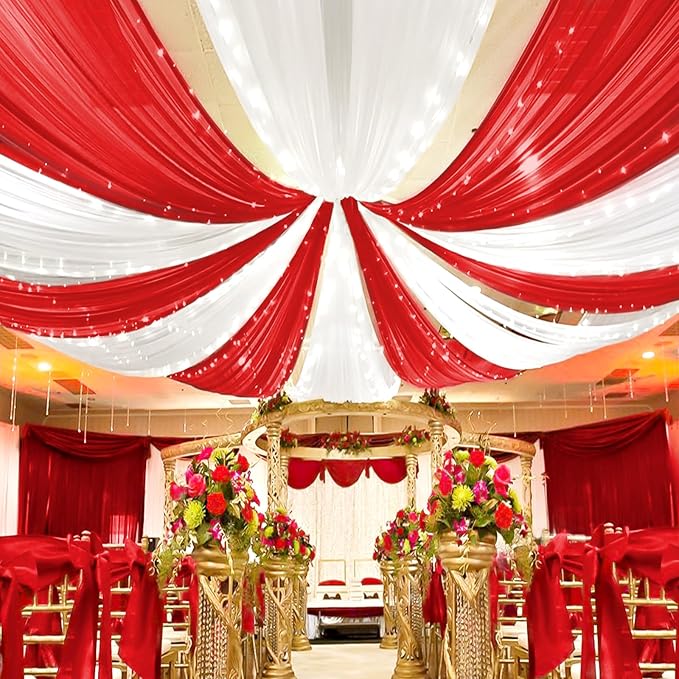 6 Panels Red Ceiling Drapes for Wedding 5ftx15ft Arch Draping Fabric Sheer by Showgeous
