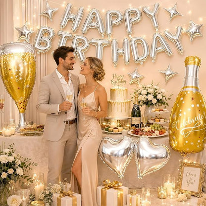 Silver Happy Birthday Balloons Banner, Champagne Bottle Glass Foil Balloon - Image 3