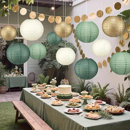 12 Pcs 10" Golg Greem Boho Paper Lanterns Party Classroom Decor - Image 5