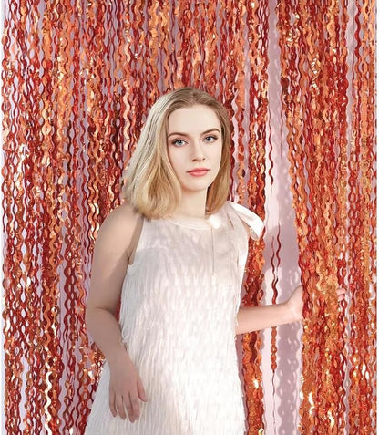 4 Pack 3.3x6.6ft Wavy Orange Foil Fringe Backdrop Curtains -Tinsel Streamers - Image 3