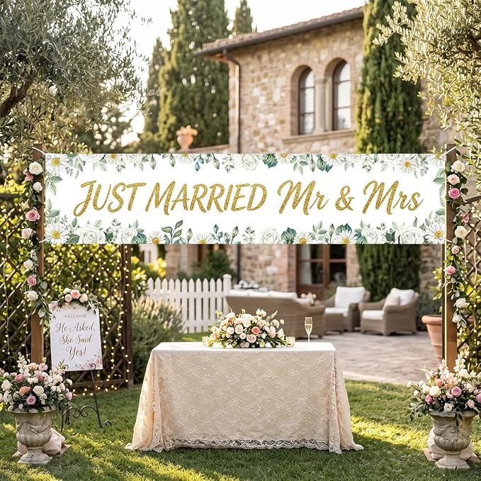Just Married Mr And Mrs Wedding Decor Banner Decorations Party Hanging | - Image 3