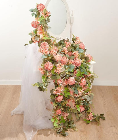 Artificial Flower Garland 2pcs 5.4ft Rose & Hydrangea Vine, Champagne Pink | - Image 6