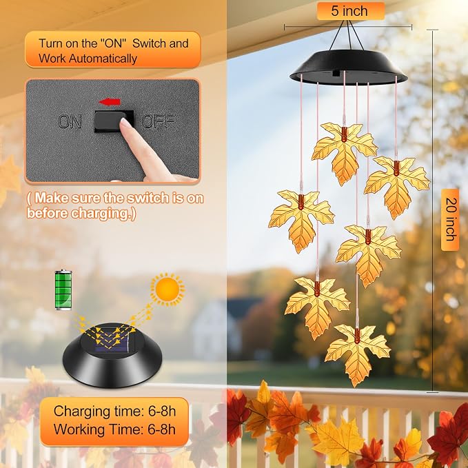 Winzwon Fall Decor Thanksgiving Decorations Solar Lights Wind Chimes | Hanging - Image 6