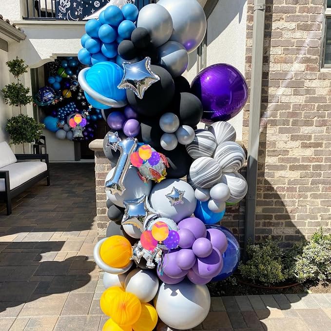 Outer Space Balloons, 12 Inch Metallic Black Purple Blue and Silver Confetti - Image 7